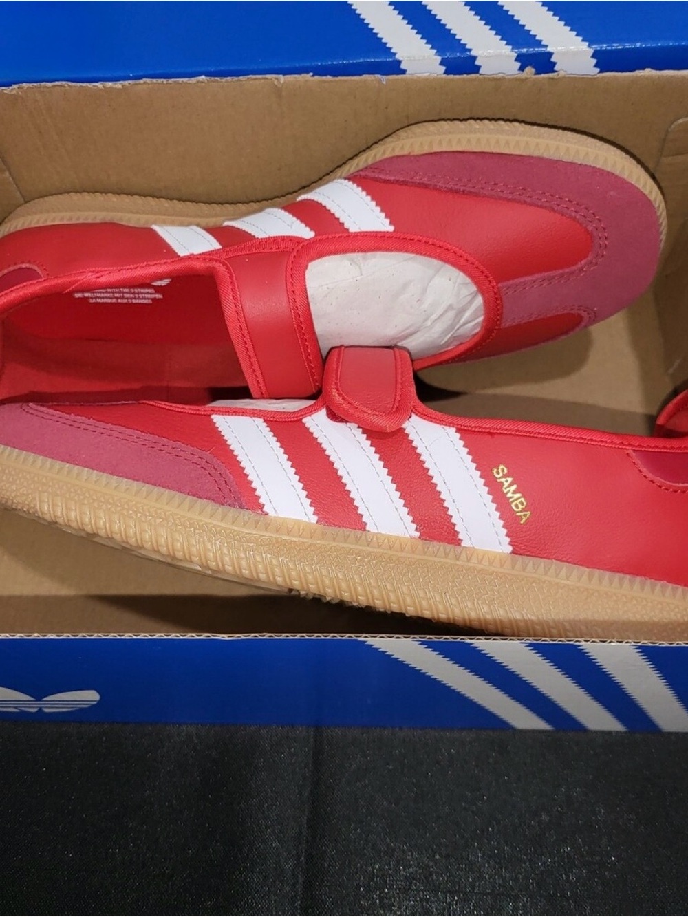 adidas Kids Samba Slip-On Sneakers in Red with White Stripes and Gum Sole